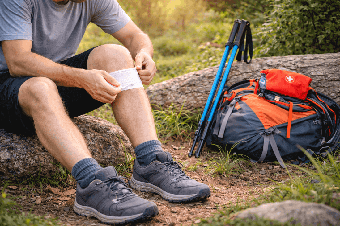 Backpacker wrapping a knee bandage outdoors