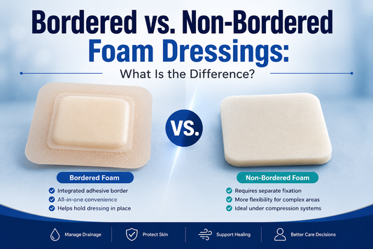 Comparison of bordered and non-bordered foam dressings showing integrated and separate fixation