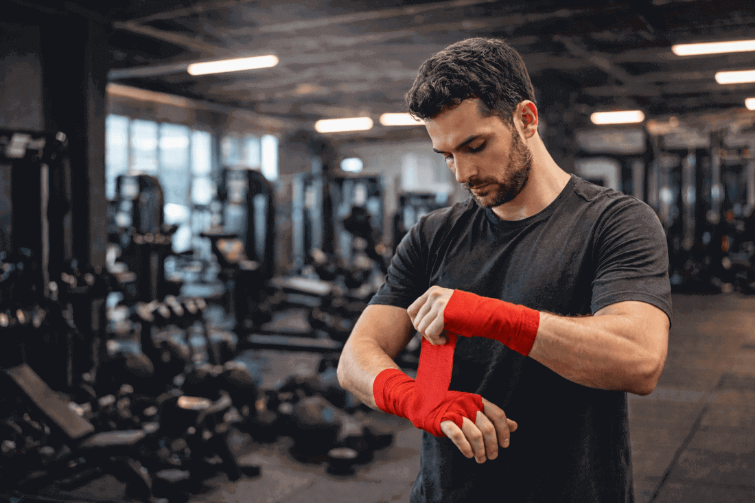 Man wrapping bright red hand bandage in a gym