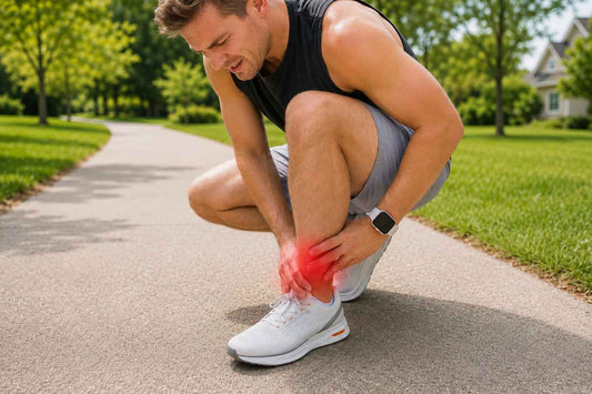 Person holding a painful sprained ankle outdoors
