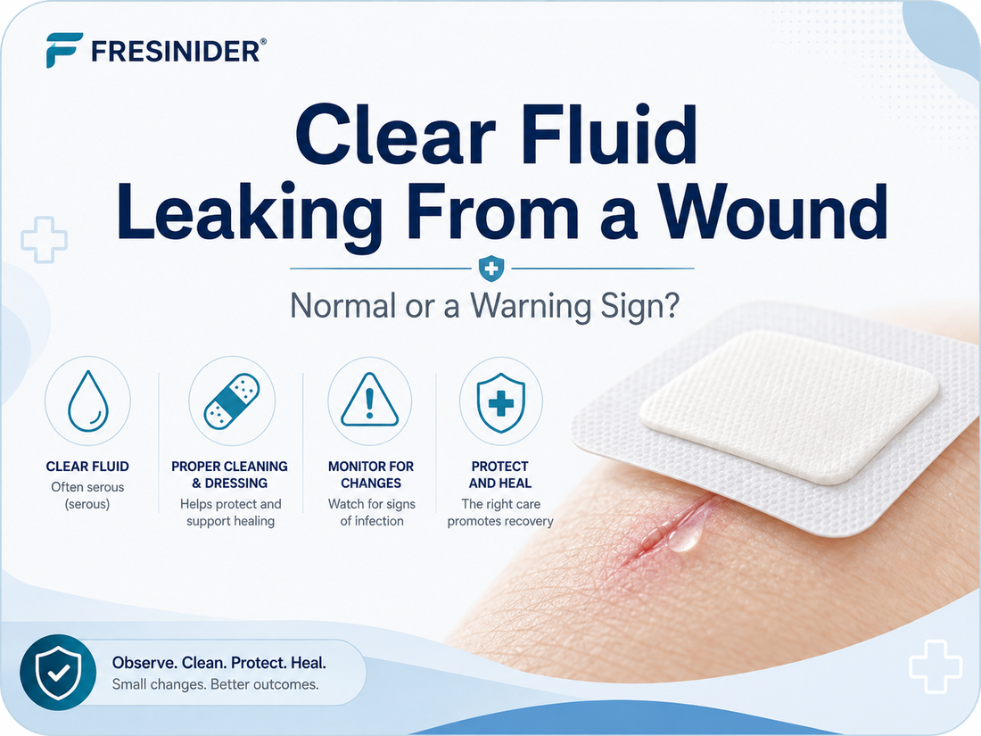 Clear fluid leaking from a wound with a dressing, showing serous drainage and signs to monitor during wound healing