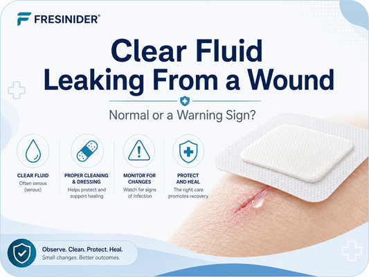 Clear fluid leaking from a wound with a dressing, showing serous drainage and signs to monitor during wound healing