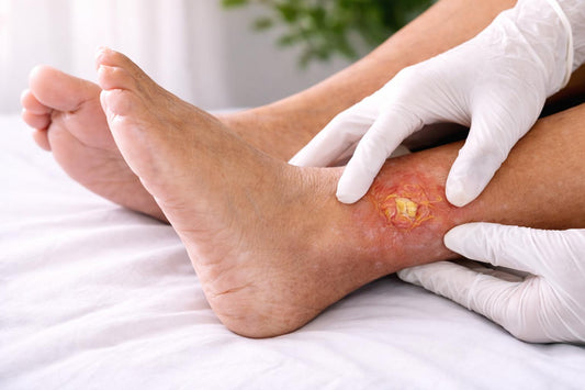 Close-up of a diabetic foot wound being examined by a healthcare professional