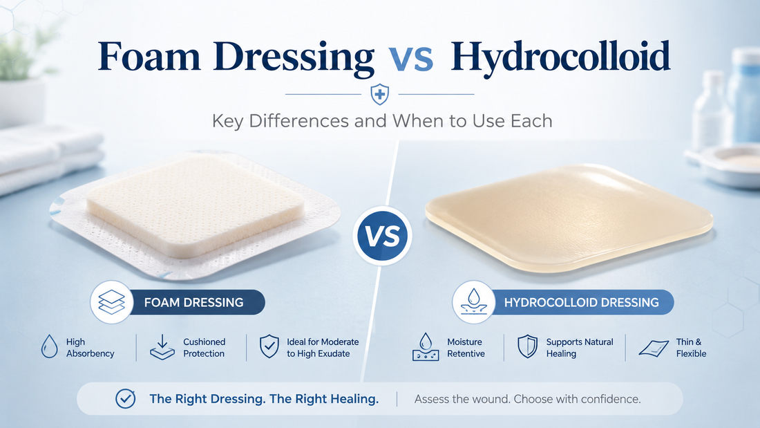 Foam dressing vs hydrocolloid dressing comparison showing absorbency, cushioning, moisture retention, and flexibility