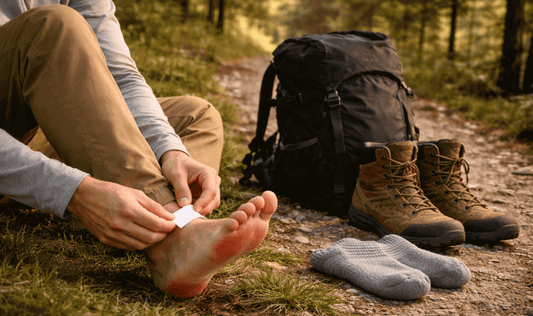 Hiker taping a heel hot spot on a forest trail