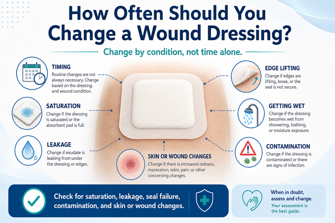 Guide to how often a wound dressing should be changed based on saturation, leakage, edge lifting, contamination, and wound or skin changes