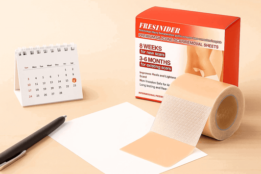 Flat lay of silicone scar sheet and a calendar