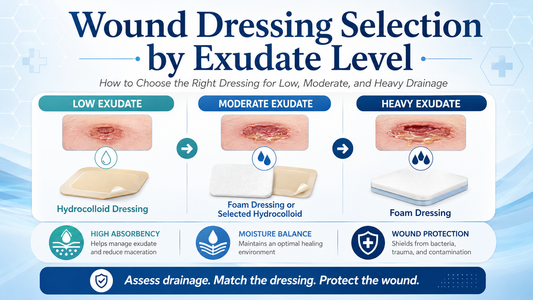 Wound dressing selection by exudate level for low, moderate, and heavy wound drainage, comparing hydrocolloid and foam dressings.