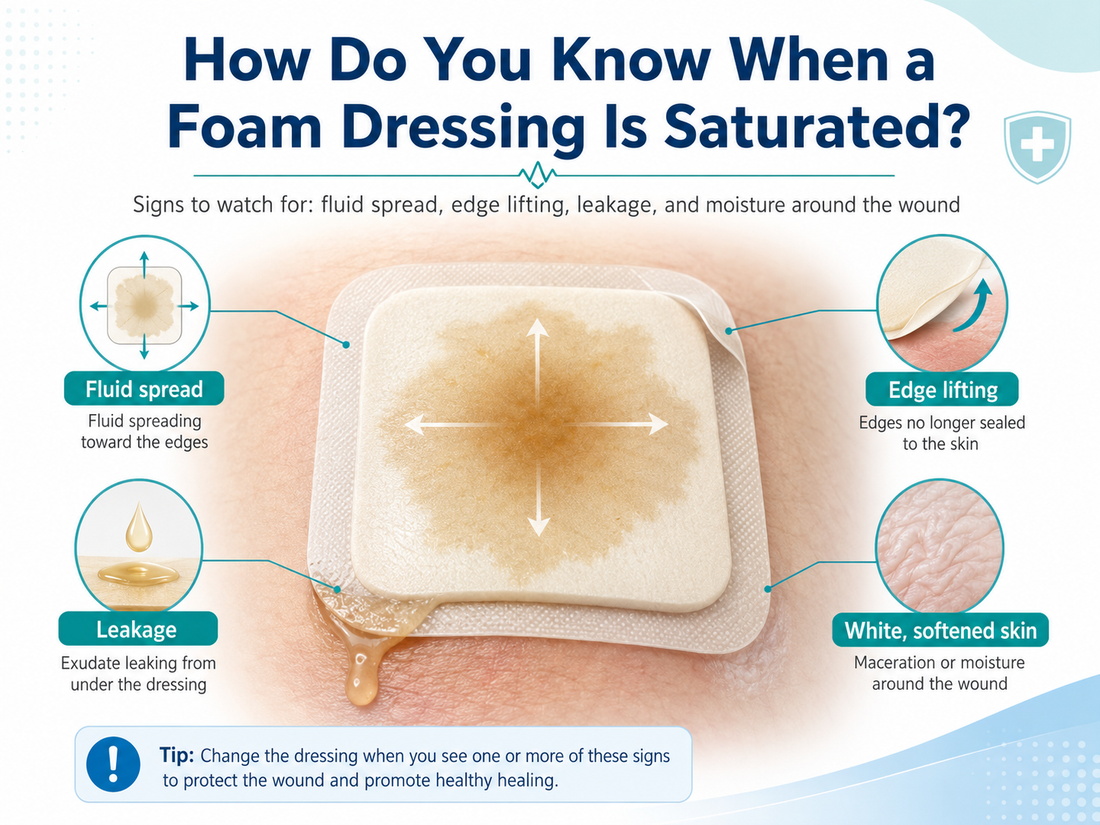 Signs that a foam wound dressing is saturated, including fluid spread, edge lifting, and leakage