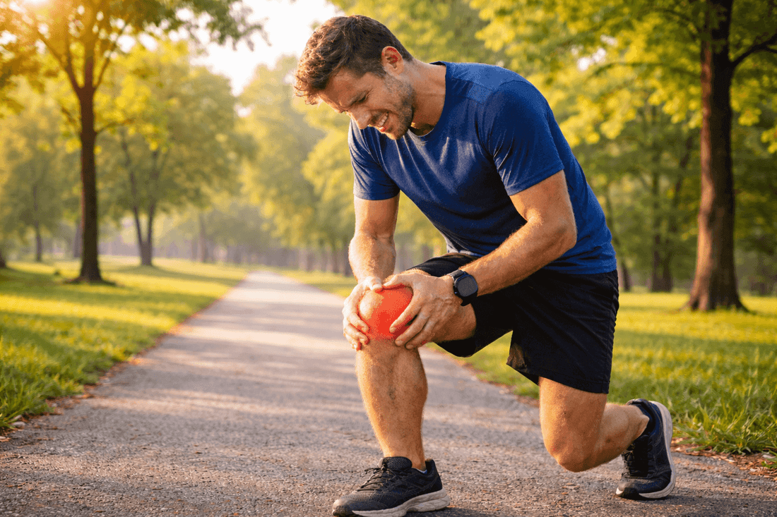 Runner holding knee pain outdoors