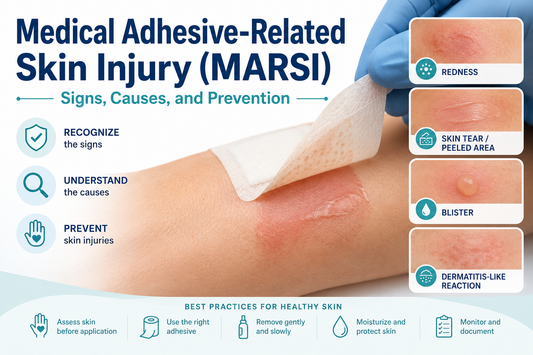 Medical adhesive-related skin injury showing redness, skin stripping, blistering, and dermatitis from adhesive products
