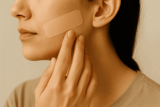 Woman touching a bandage on her cheek