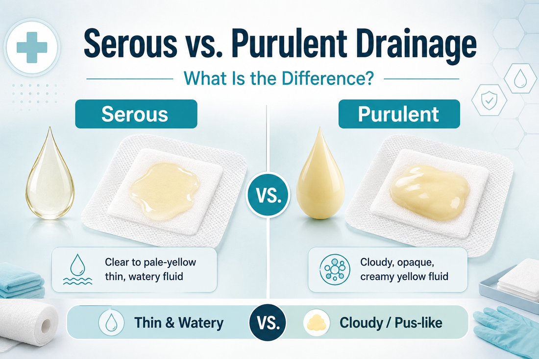 Comparison of serous and purulent wound drainage showing clear pale-yellow thin fluid versus cloudy opaque pus-like drainage