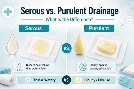 Comparison of serous and purulent wound drainage showing clear pale-yellow thin fluid versus cloudy opaque pus-like drainage