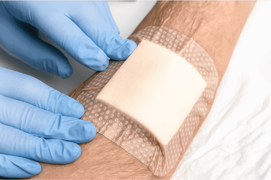 Silicone foam dressing applied to forearm by gloved hands