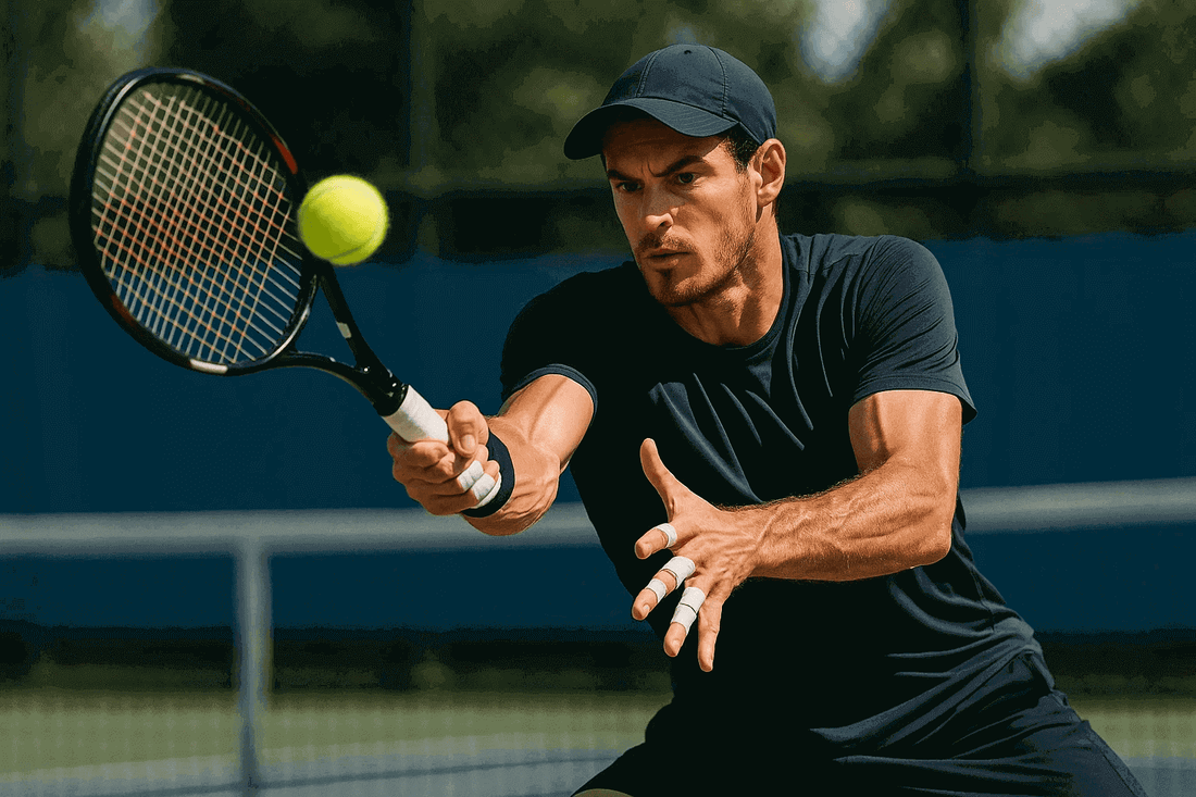 tennis player hitting forehand with fingers taped for support