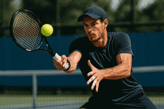 tennis player hitting forehand with fingers taped for support