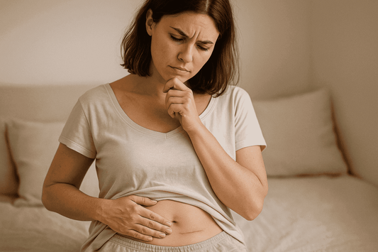 Woman touching a healed abdominal scar