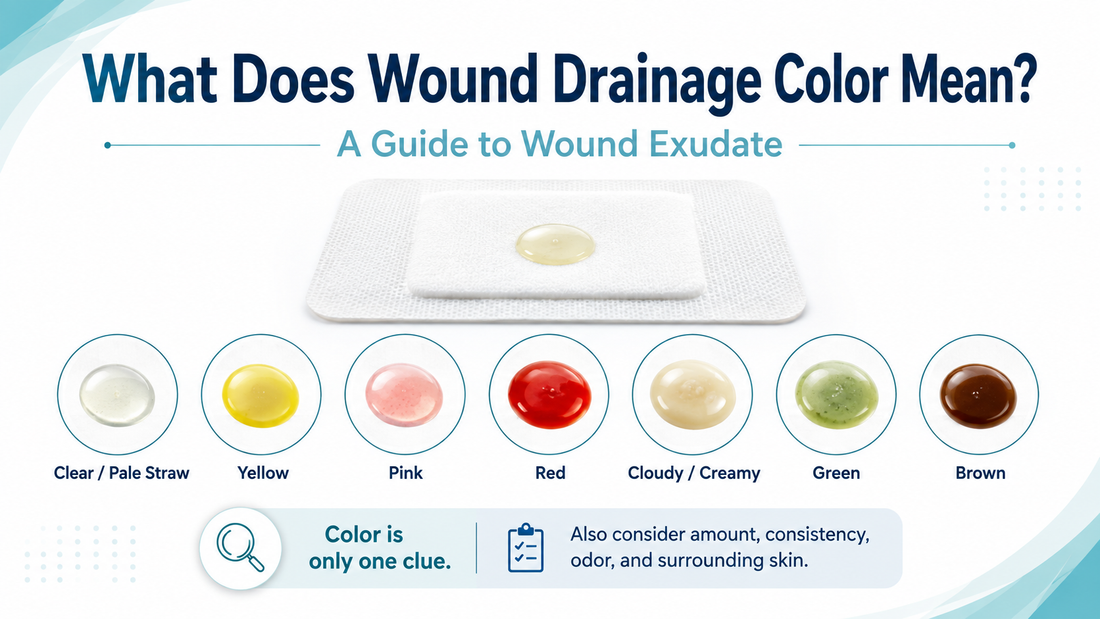 Guide to common wound drainage colors including clear, yellow, pink, red, green, and cloudy exudate