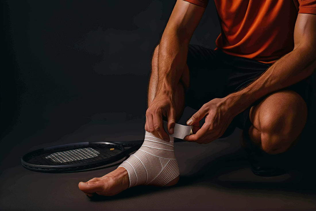 sprained ankle wrapped with elastic bandage