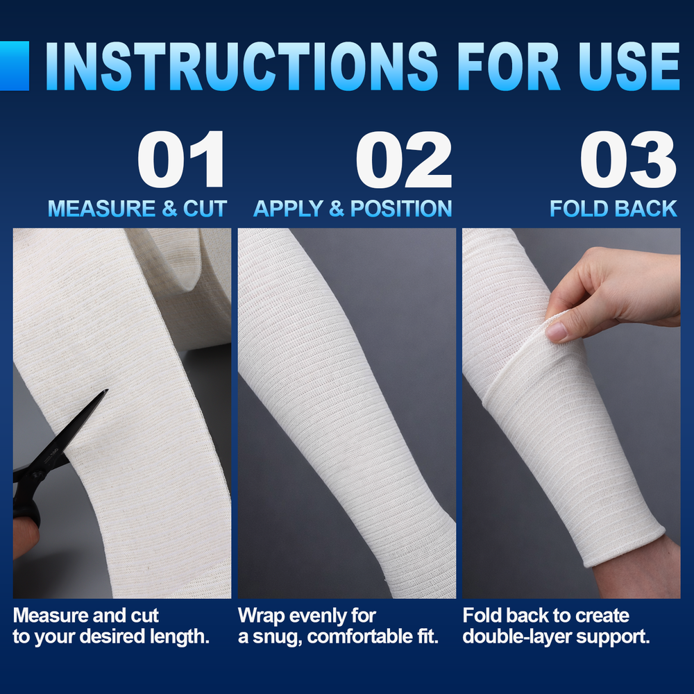 Elastic tubular support bandage instructions for use with measure, apply, and fold-back steps