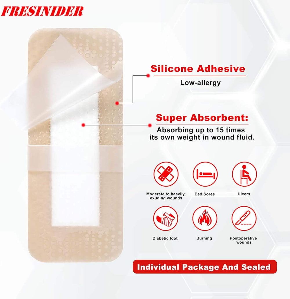 Fresinider 2*8 silicone adhesive foam dressing with super absorbent pad for wounds, bed sores, ulcers, diabetic foot, and postoperative care.