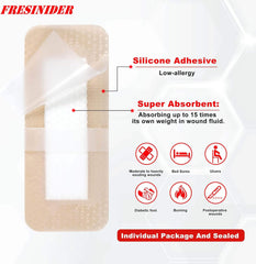 Fresinider 2*8 silicone adhesive foam dressing with super absorbent pad for wounds, bed sores, ulcers, diabetic foot, and postoperative care.