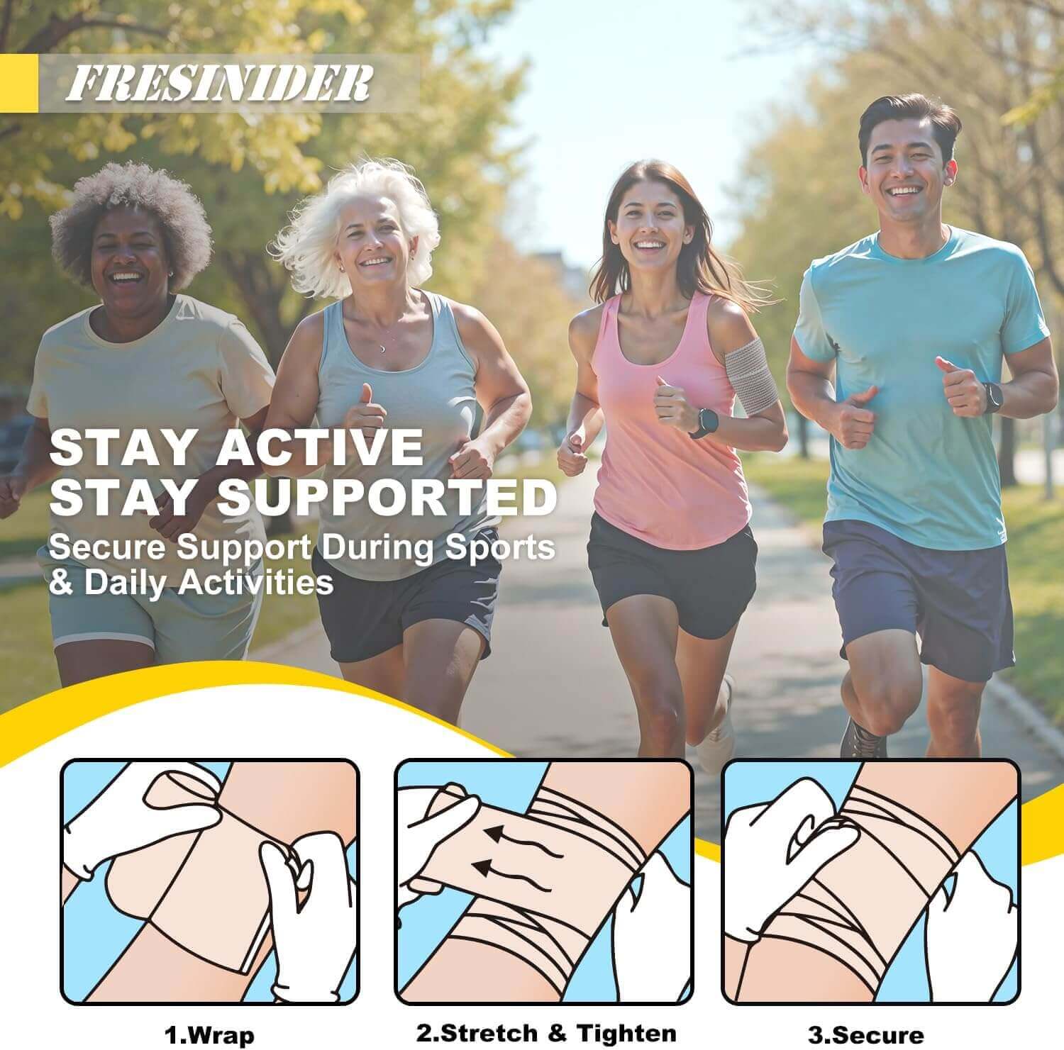 FRESINIDER elastic bandage with hook and loop closure for sports and daily support