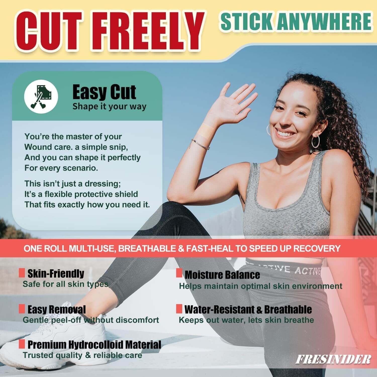 FRESINIDER hydrocolloid roll cut to size for multi-use wound care patches