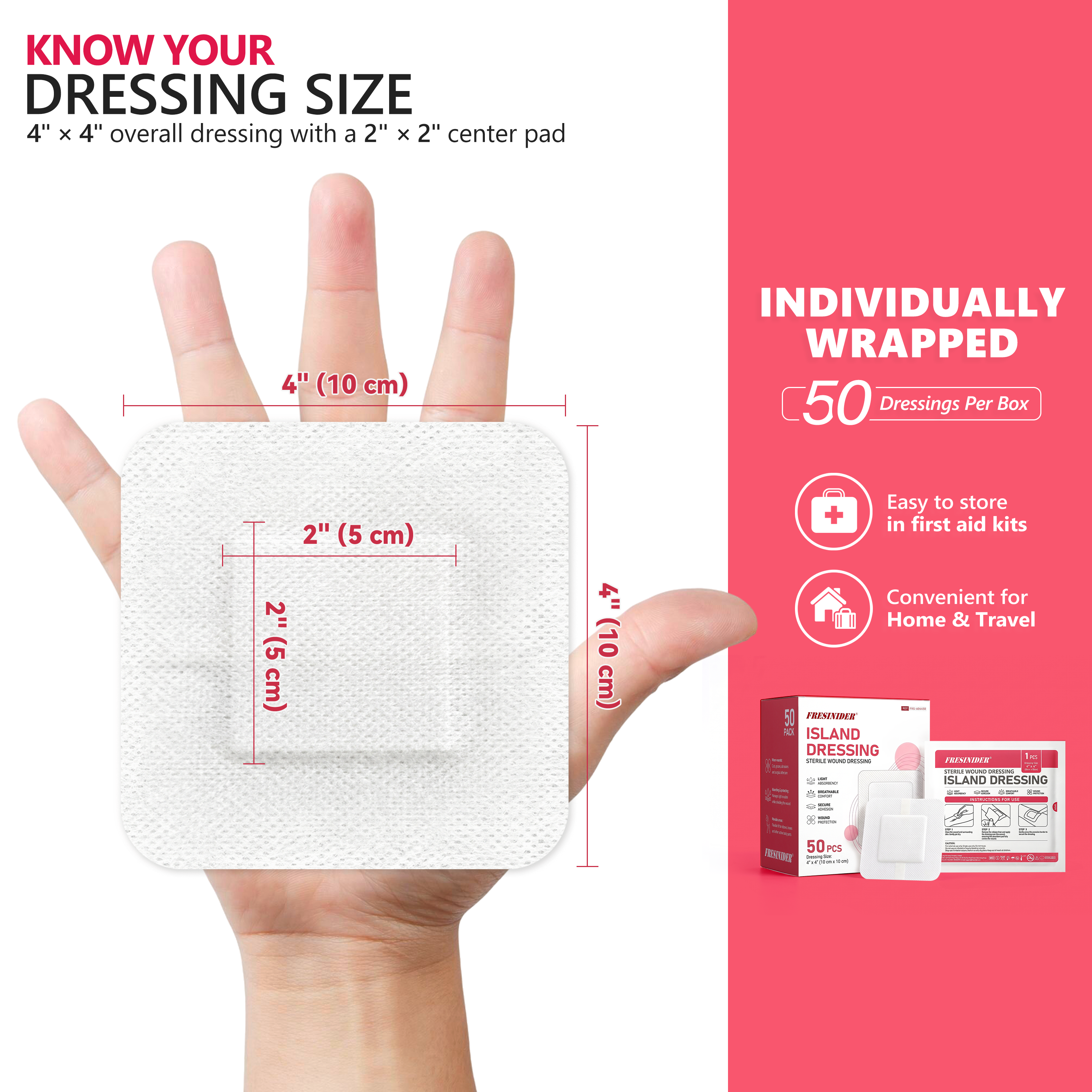 FRESINIDER 4 x 4 inch island dressing with a 2 x 2 inch center pad, 50 individually wrapped dressings