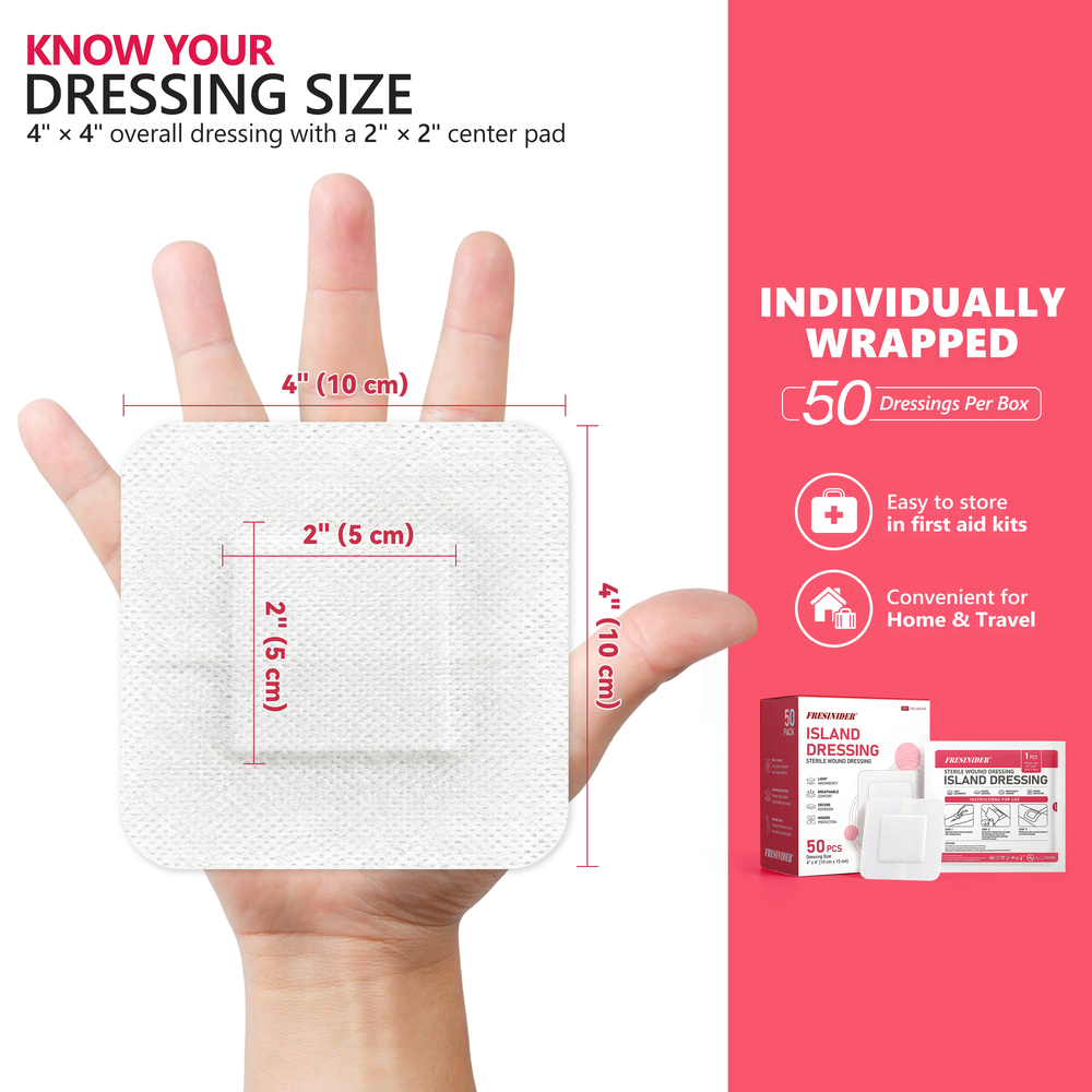 FRESINIDER 4 x 4 inch island dressing with a 2 x 2 inch center pad, 50 individually wrapped dressings