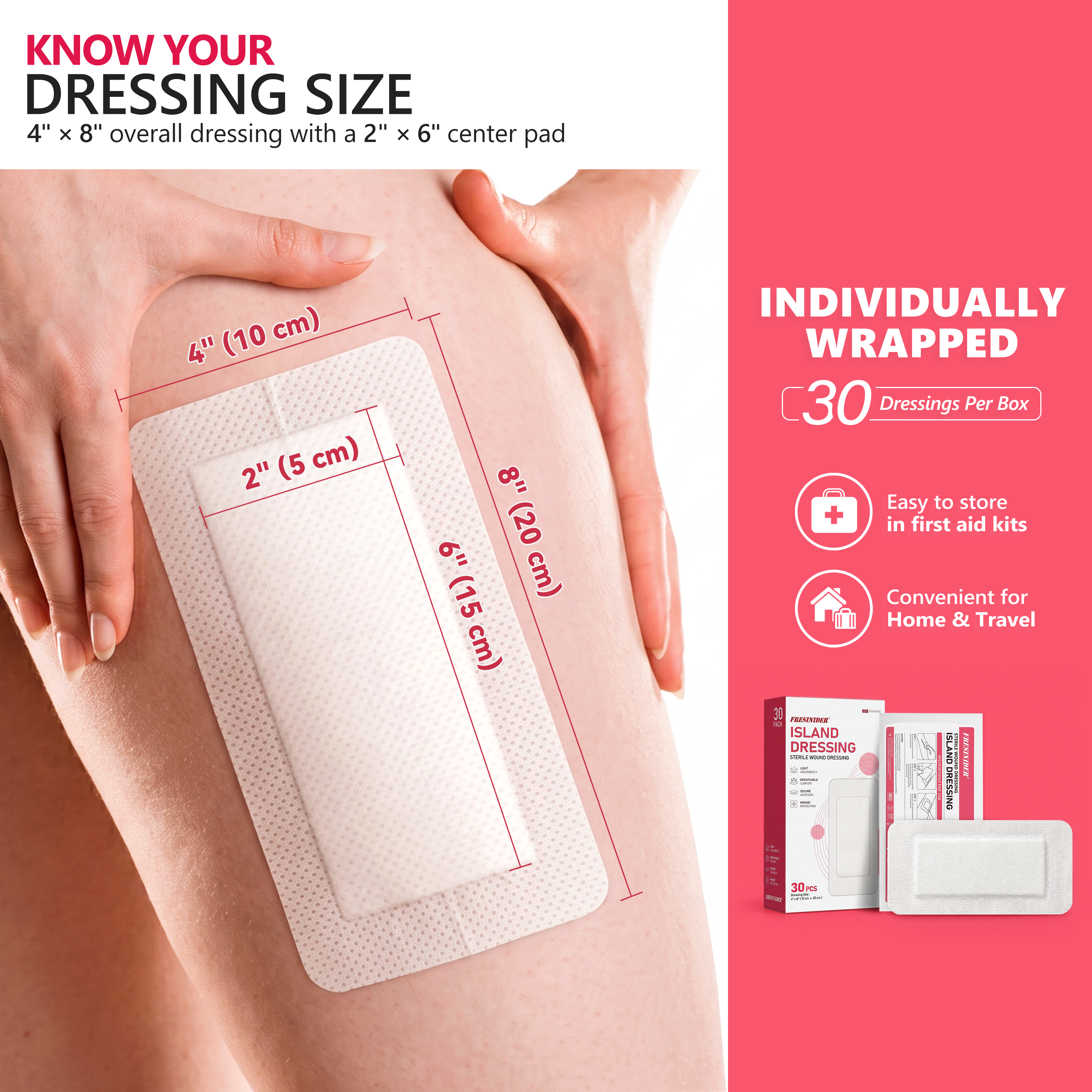 FRESINIDER 4 x 8 inch island dressing with a 2 x 6 inch center pad, 30 individually wrapped dressings