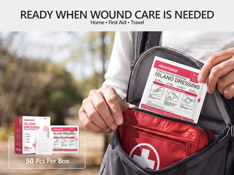 Individually wrapped island dressing stored in a first aid bag for home, travel and outdoor wound care