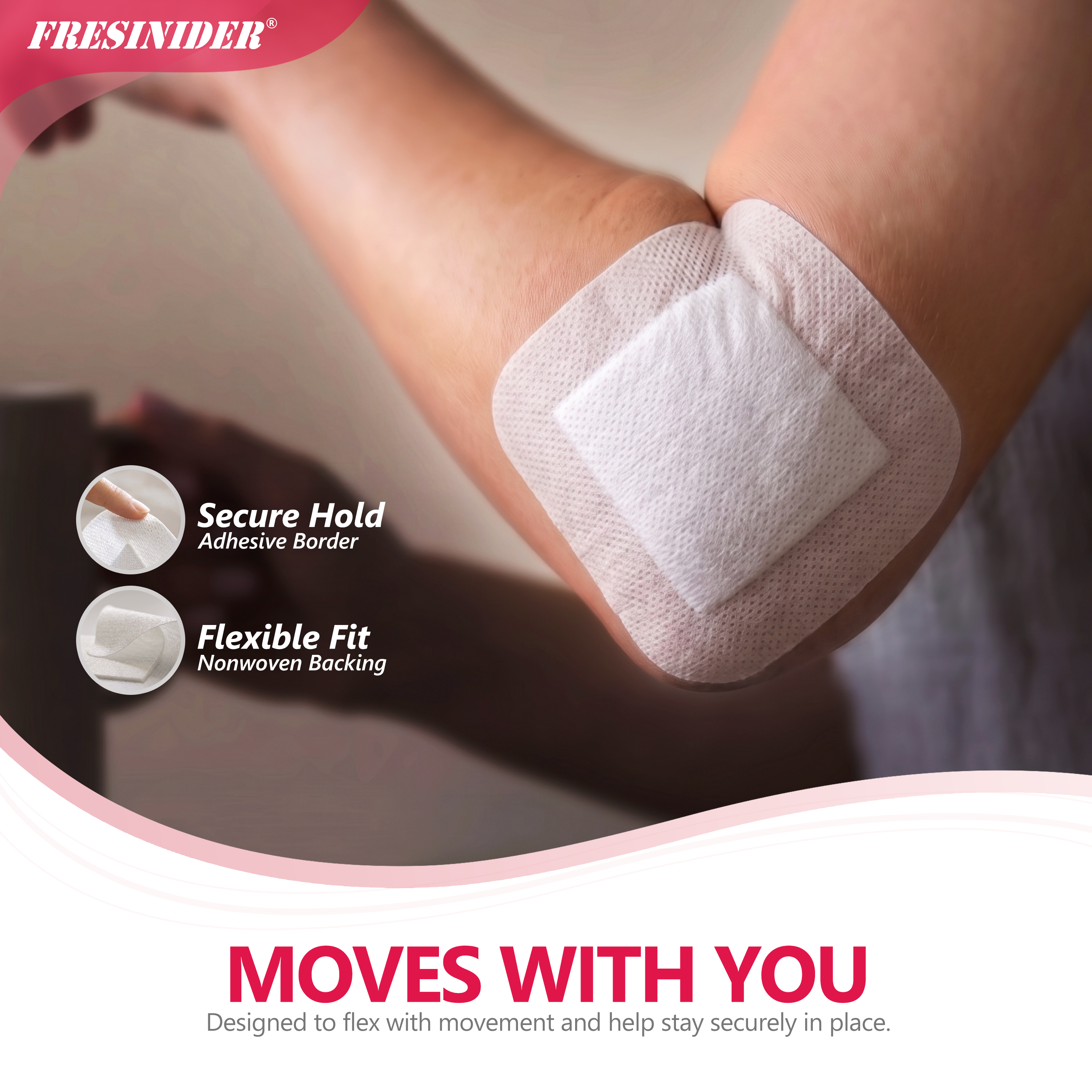 FRESINIDER island dressing flexing over the elbow with a secure adhesive border and breathable nonwoven backing