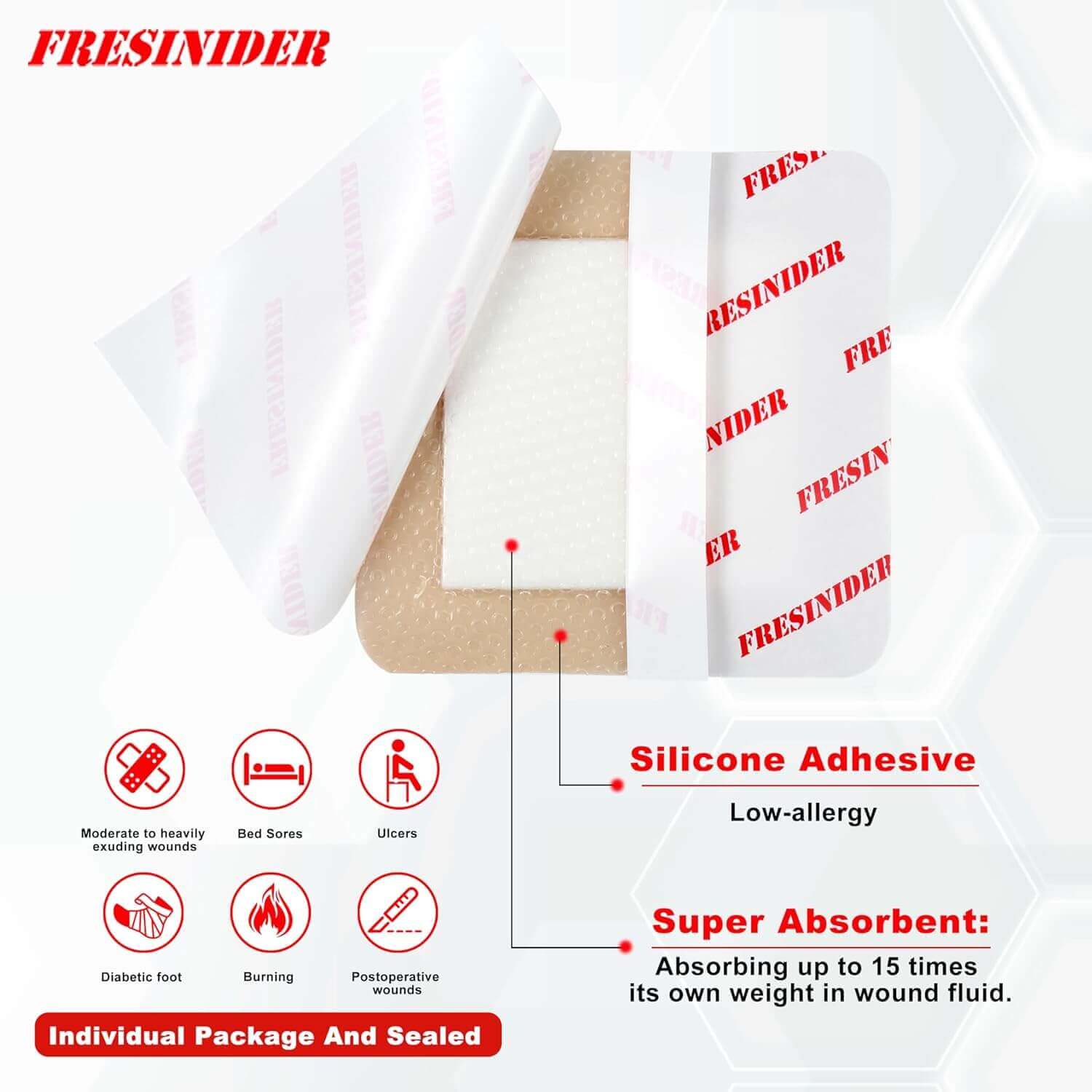 Fresinider silicone adhesive foam dressing with super absorbent pad for wounds, bed sores, ulcers, diabetic foot, and postoperative care.