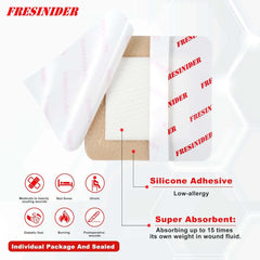 Fresinider silicone adhesive foam dressing with super absorbent pad for wounds, bed sores, ulcers, diabetic foot, and postoperative care.