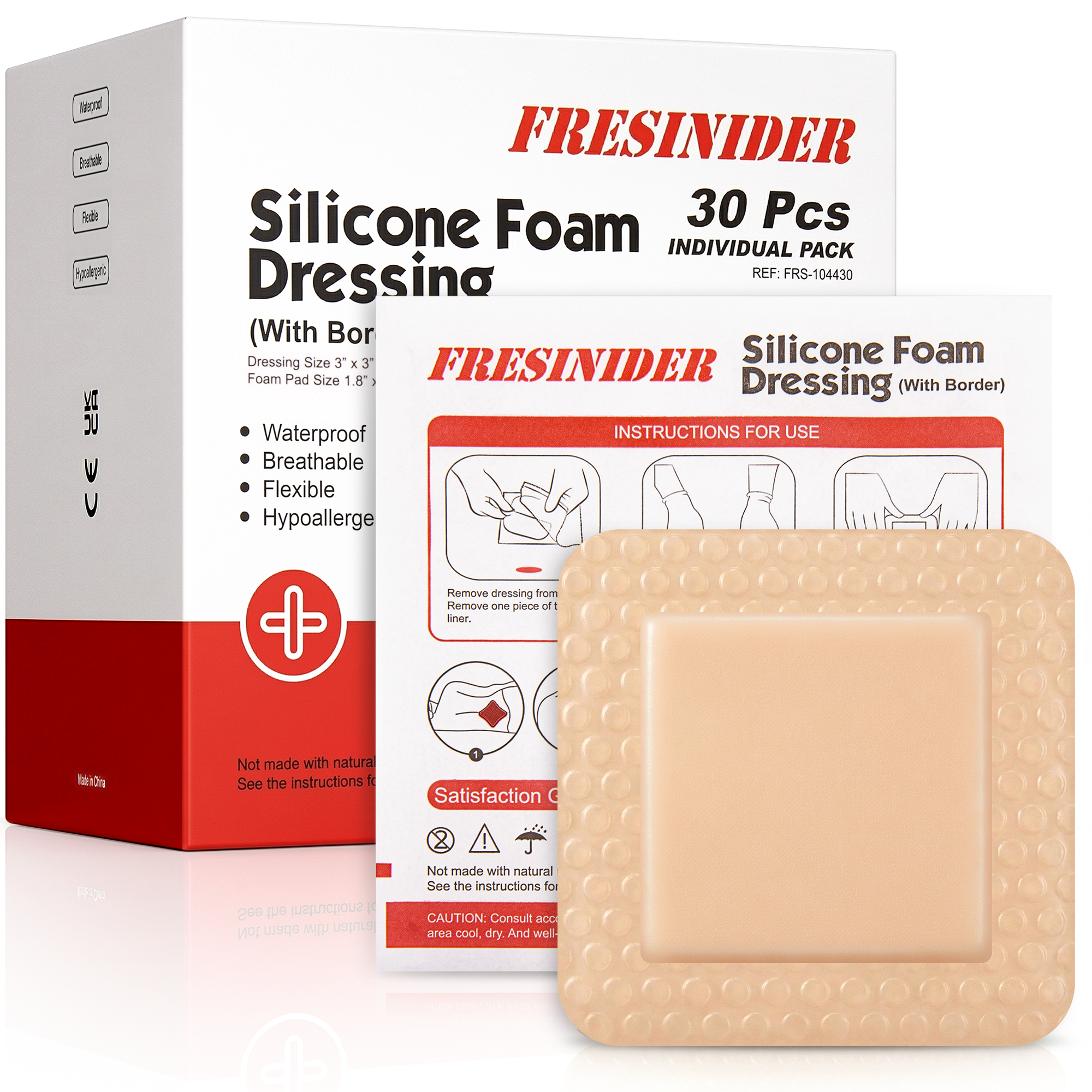 FRESINIDER 3x3 silicone foam dressing with border 30 individually wrapped packs