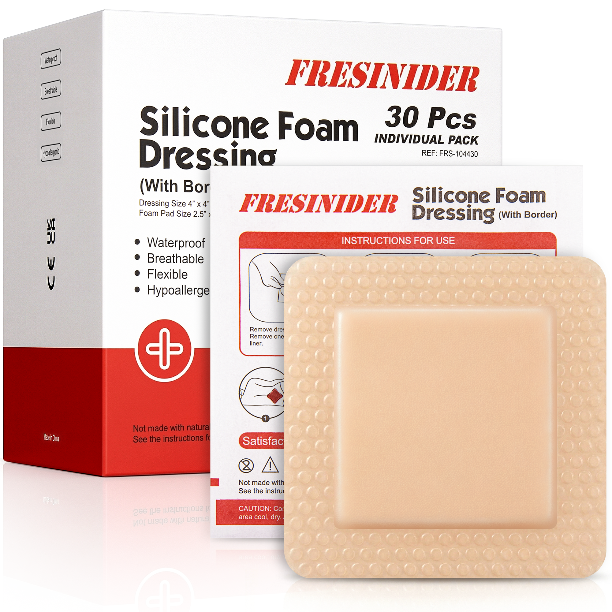FRESINIDER 4x4 silicone foam dressing with border 30 individually wrapped packs