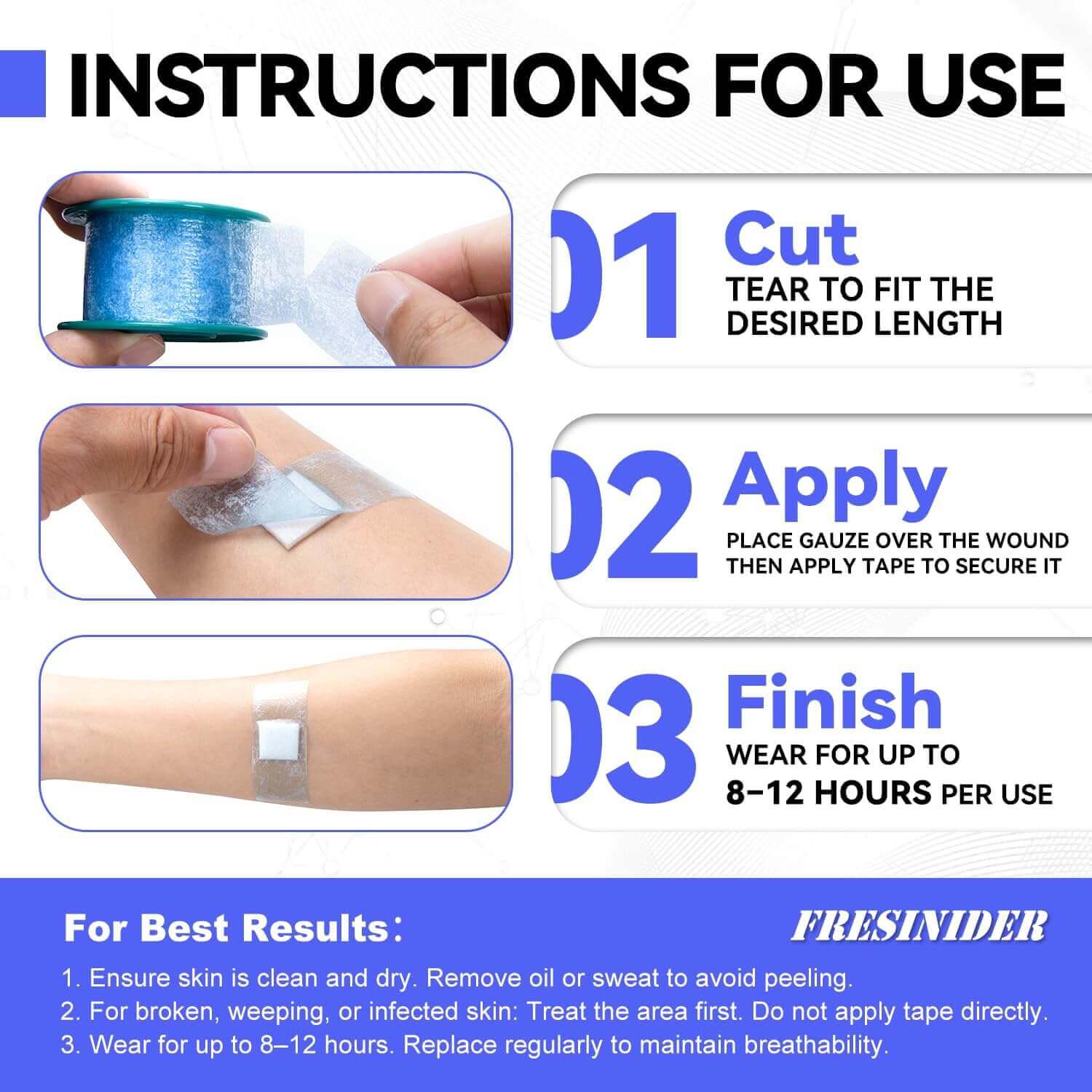 FRESINIDER silicone medical tape instructions for cutting and securing wound dressings