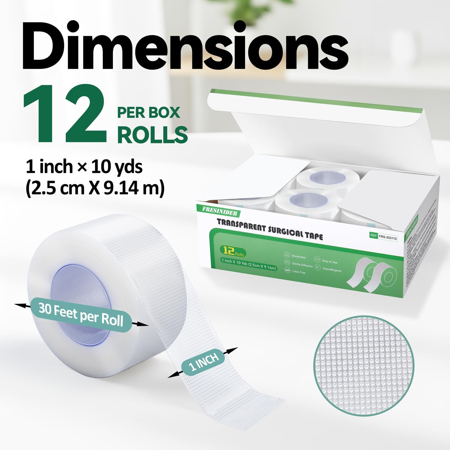 FRESINIDER soft transparent surgical tape 12 rolls 1 inch by 10 yards per box