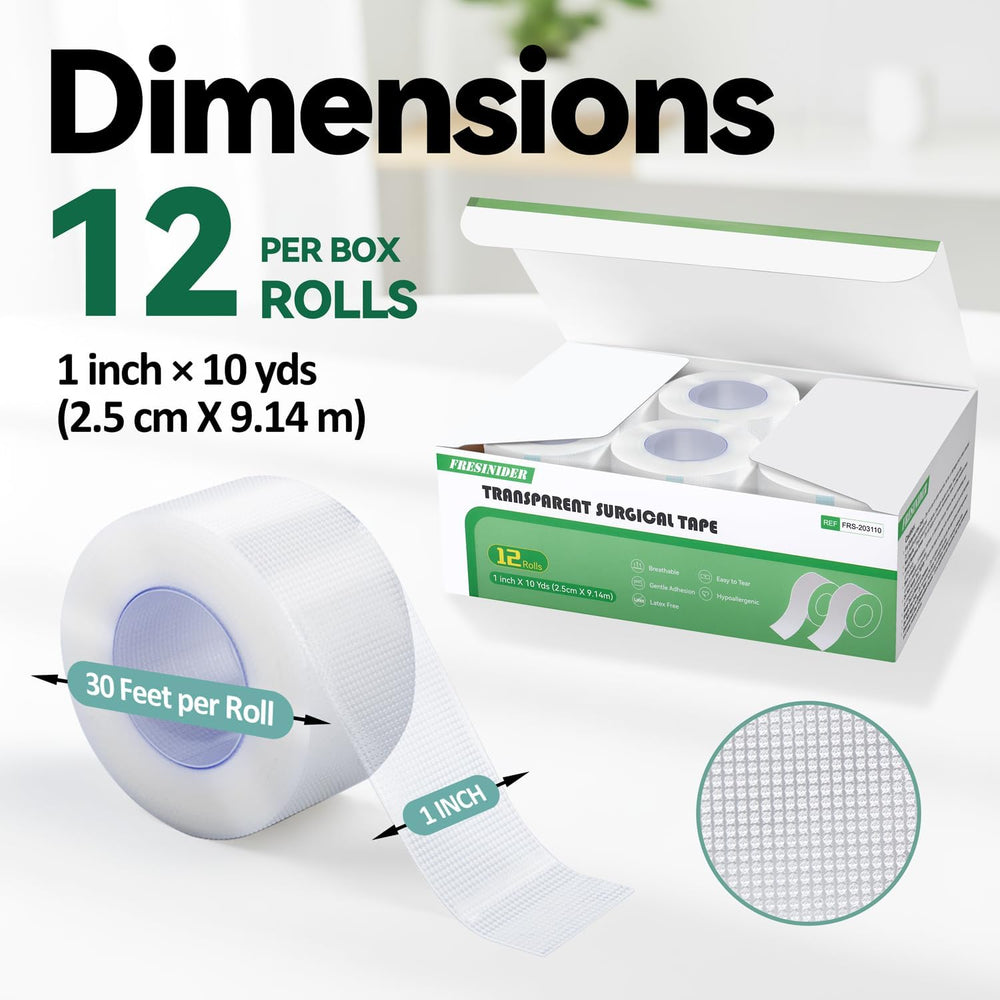 FRESINIDER soft transparent surgical tape 12 rolls 1 inch by 10 yards per box