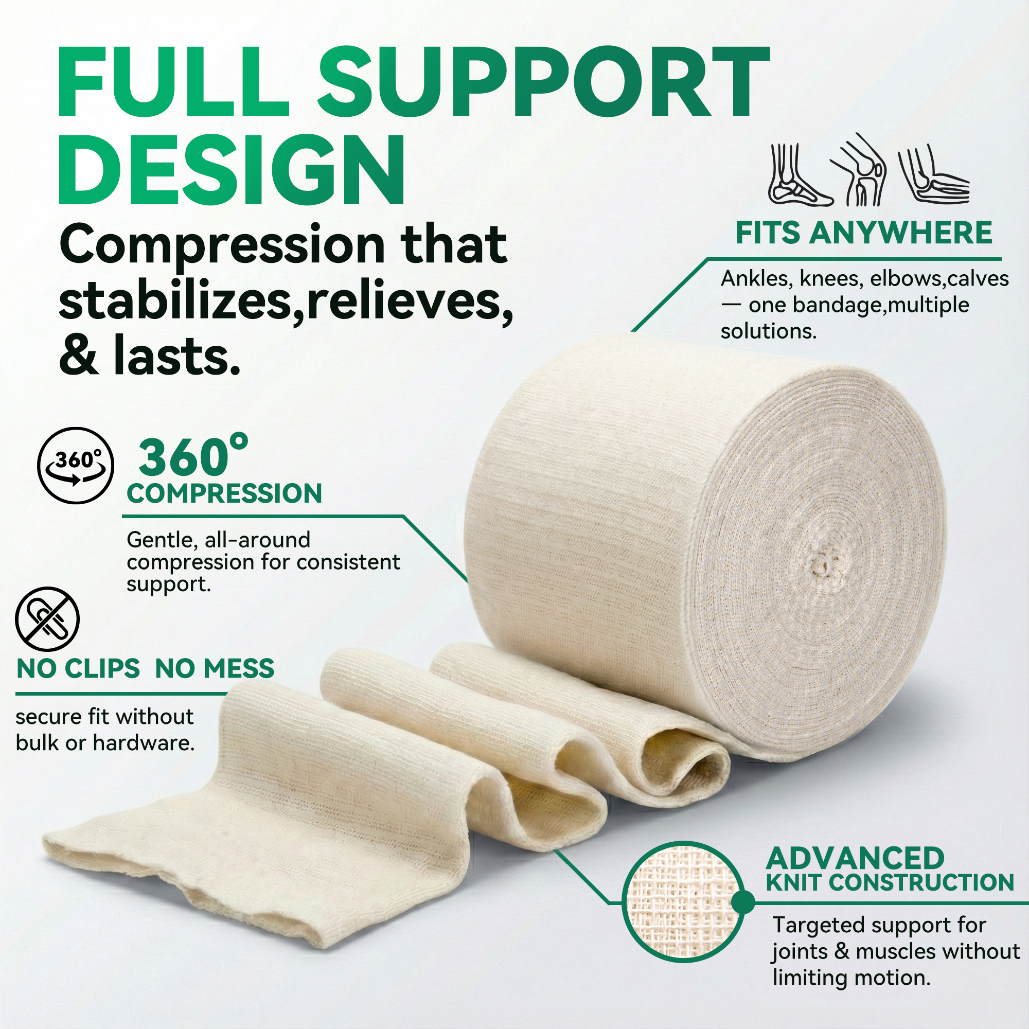 Elastic tubular support bandage with full support design and 360 compression