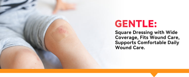 Hydrocolloid bandage covering a child's knee scrape for gentle daily wound care