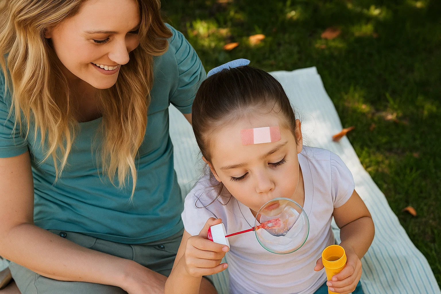 A girl with a small silicone medical tape on forehead