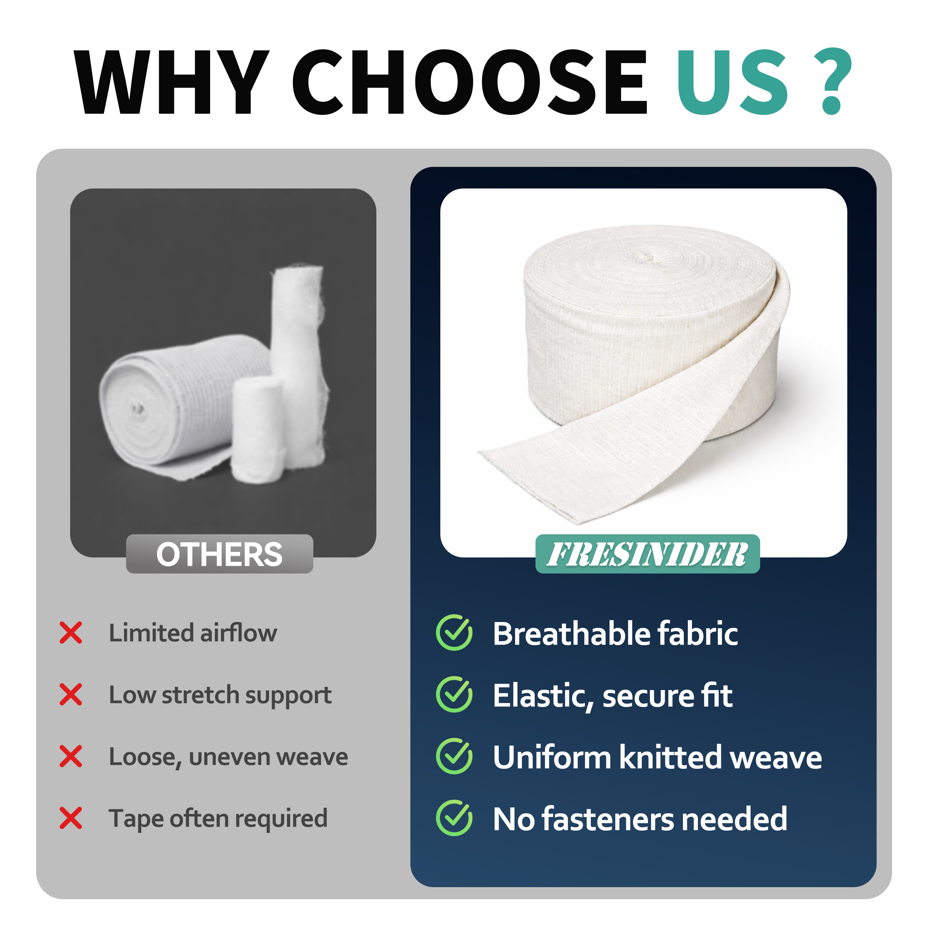 Elastic tubular support bandage comparison showing breathable fabric, secure fit, uniform knit, and no fasteners needed